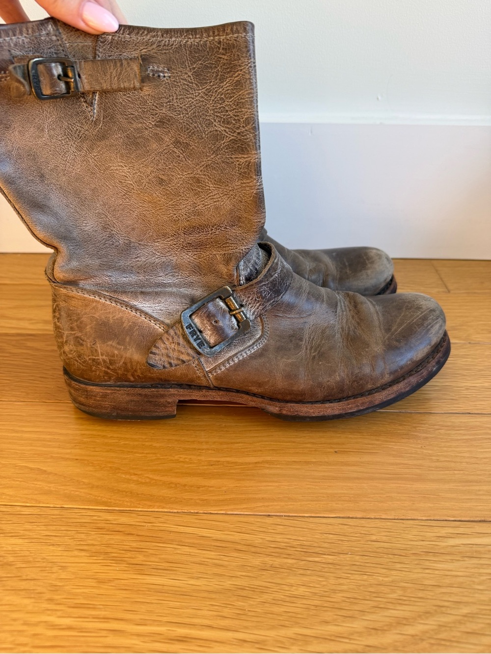 Frye Grey- Brown Leather Buckle Ankle Boots